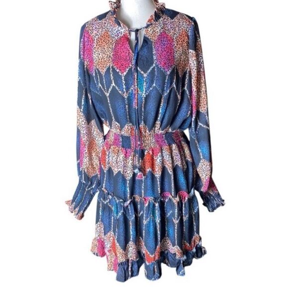 Mulla Vibrant Animal Print Cinched Waist High Ruffle Neck Mini Dress Sz Medium - Picture 1 of 6